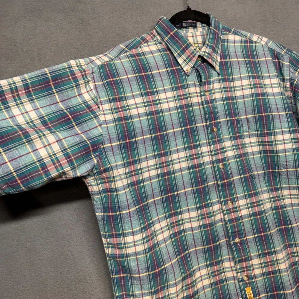 Vintage BD Baggies Short Sleeve Plaid Button Down Shirt L Teal Blue Green Casual